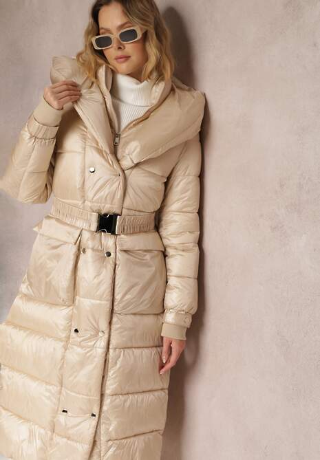 Jasnobeżowa Kurtka Długa z Szerokim Kołnierzem i Paskiem Dzerassa