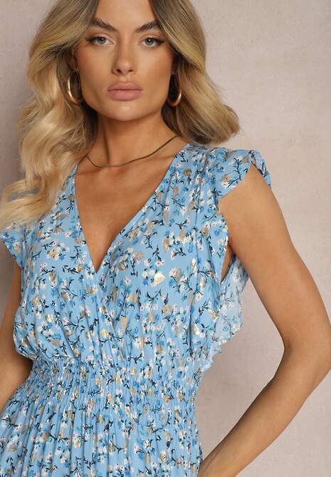 Niebieska Sukienka z Wiskozy o Rozkloszowanym Kroju z Gumką w Pasie i Falbankami Xardia