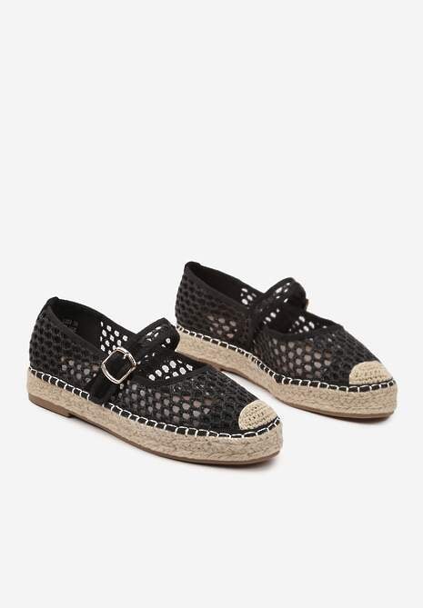 Czarne Siateczkowe Espadryle na Podeszwie z Juty Zapinane na Sprzączkę Geniffia