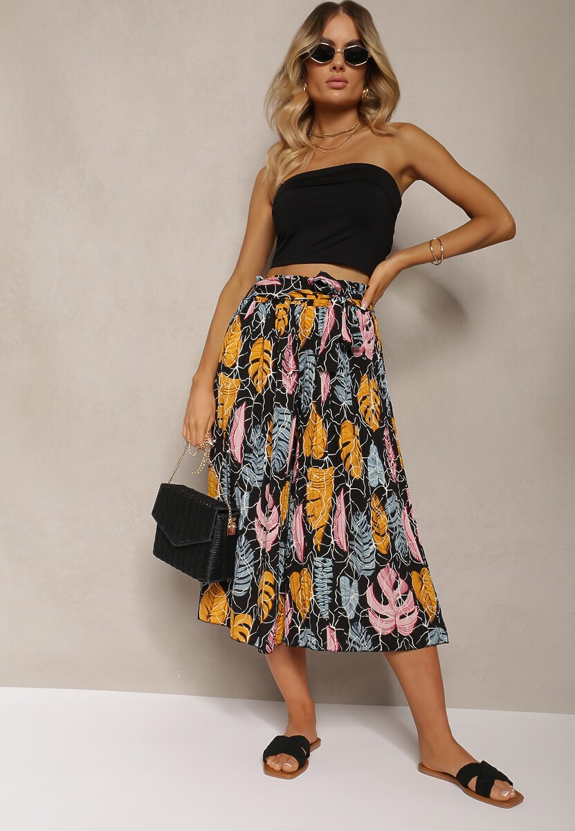 Czarno-Pomarańczowe Spodnie Szwedy z Bawełną High Waist Wykończone Gumką w Talii Pasefia