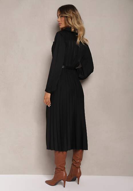 Czarna Rozkloszowana Sukienka Midi z Guzikami i Paskiem Ozdobiona Plisowaniem Lathori