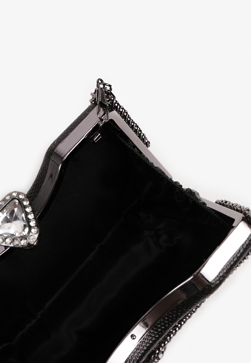 Czarna Błyszcząca Torebka w Stylu Kopertówki z Odpinanym Łańcuszkiem Heriora