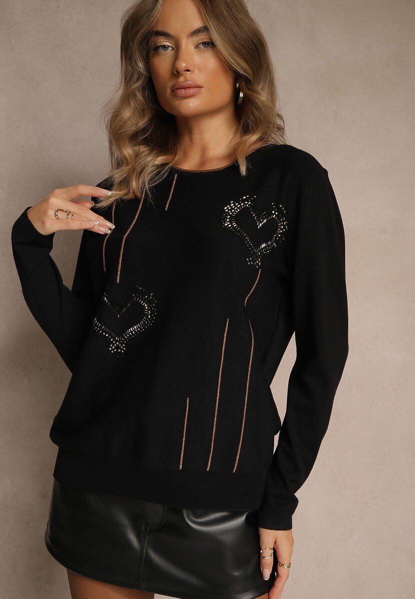 Czarny Sweter z Cyrkoniowymi Sercami Unorevia