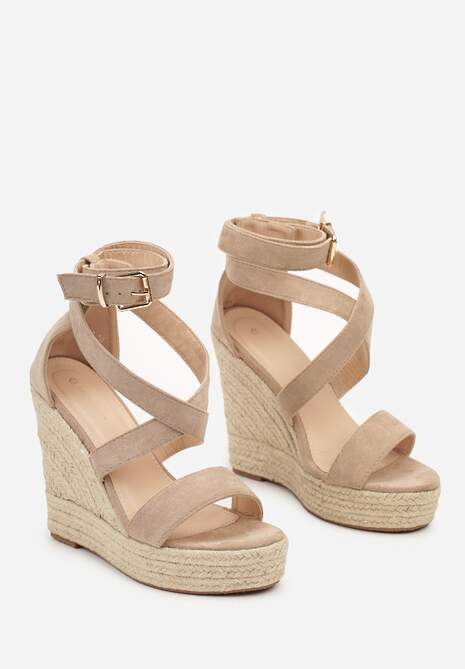 Ciemnobeżowe Sandały na Plecionym Koturnie i Platformie Tinami