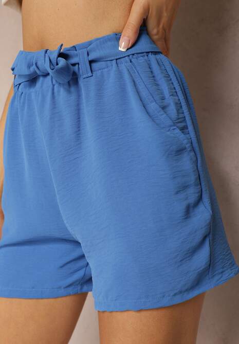 Niebieskie Luźne Szorty Bermudy High Waist z Gumką i Materiałowym Paskiem w Talii Renetta