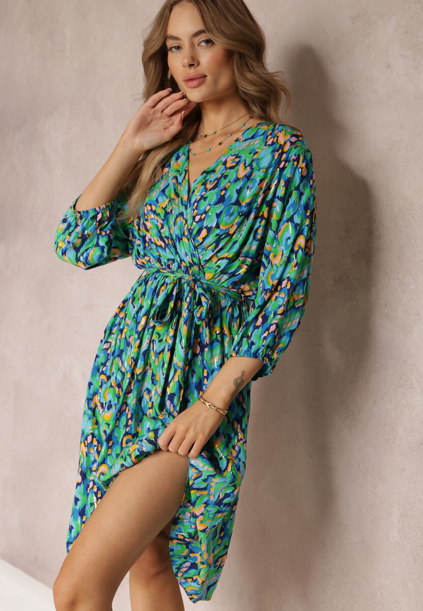 Czerwono-Czarna Kopertowa Sukienka Midi z Wiązanym Paskiem i Metaliczną Nitką Armellia