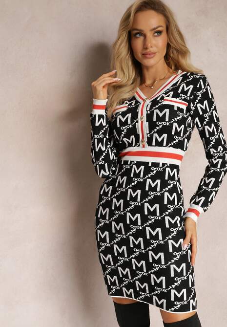 Czarno-Biała Dzianinowa Sukienka z Guzikami Sicomes