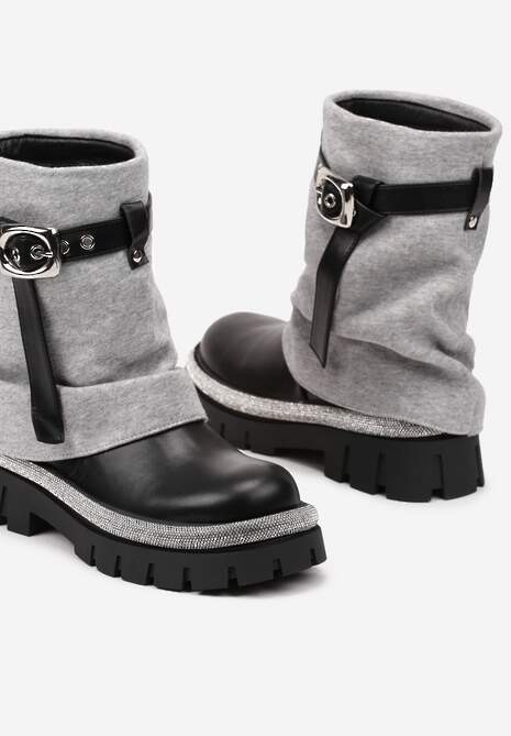 Szaro-Czarne Botki z Cholewką Imitującą Nogawkę Zdobione Cyrkoniami i Paskiem z Klamrą Toriyana