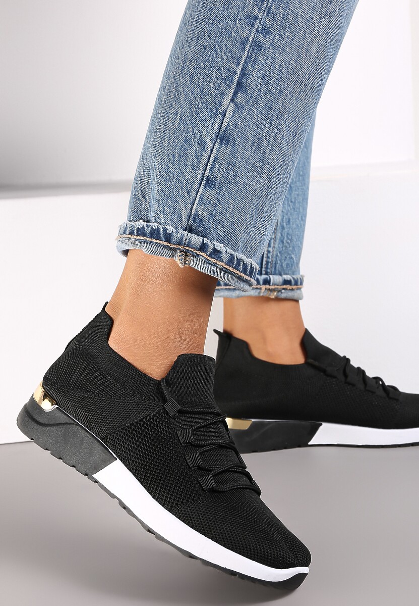 Czarne Wsuwane Buty Sportowe z Wiązaniem i Metaliczną Ozdobą Amun