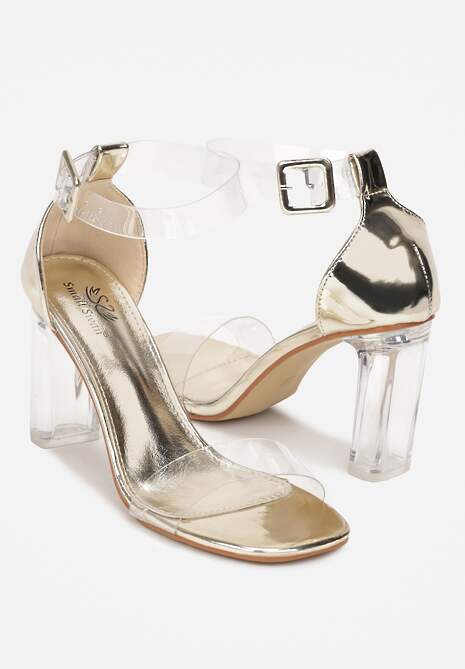 Złote Sandały na Przezroczystym Słupku z Transparentnym Paskiem i Sprzączką Obemia