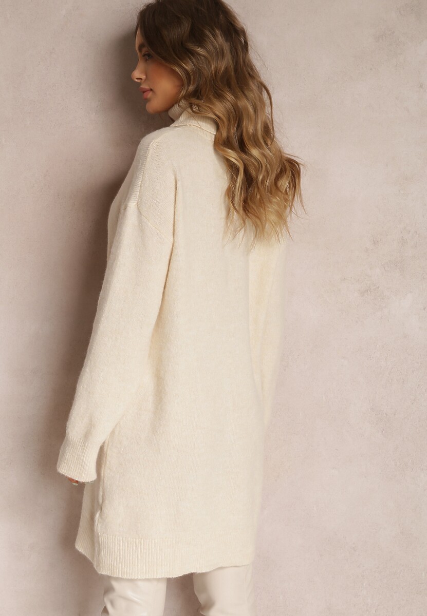 Beżowa Sukienka Wełniana Oversize z Golfem Revite