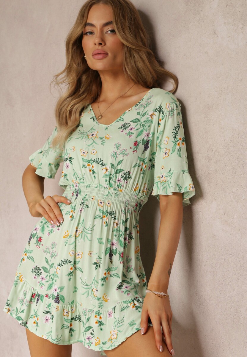 Jasnozielona Sukienka w Kwiatowy Wzór z Wiskozy z Gumką w Talii Dahlie