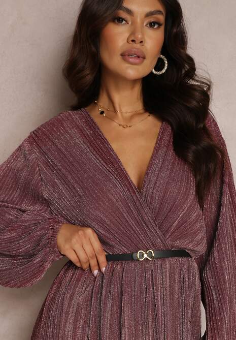 Bordowa Sukienka Metaliczna Plisowana z Paskiem Fonelle