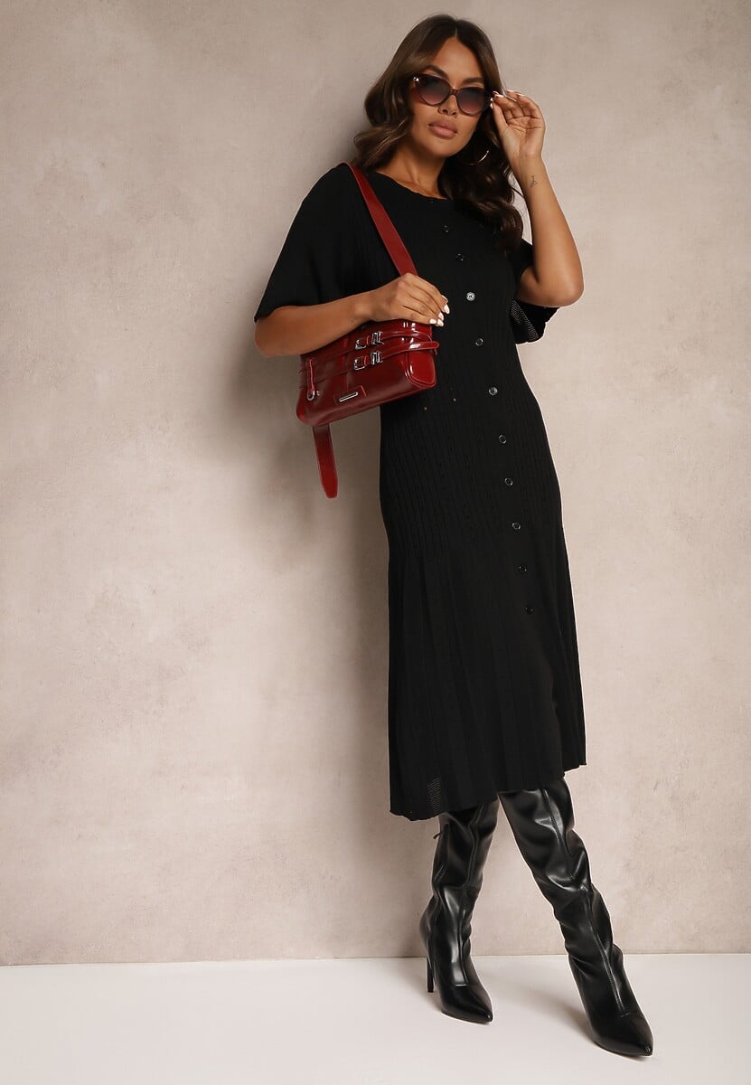 Czarna Trapezowa Sukienka z Dzianiny Zapinana na Guziki Zetirae