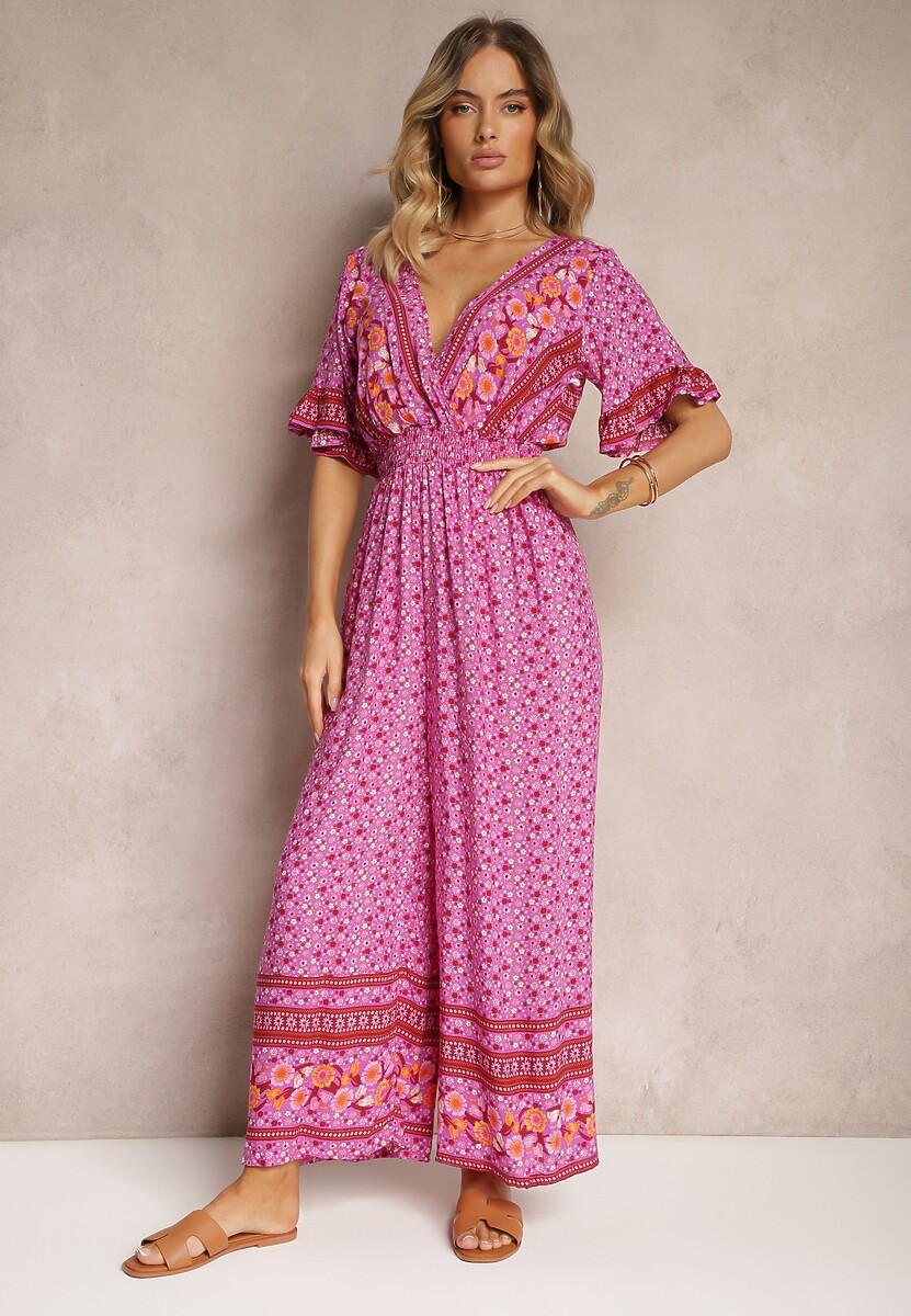 Granatowy Kopertowy Kombinezon Bawełniany z Cienkimi Gumeczkami w Pasie Zapinany na Szyi Orithiama