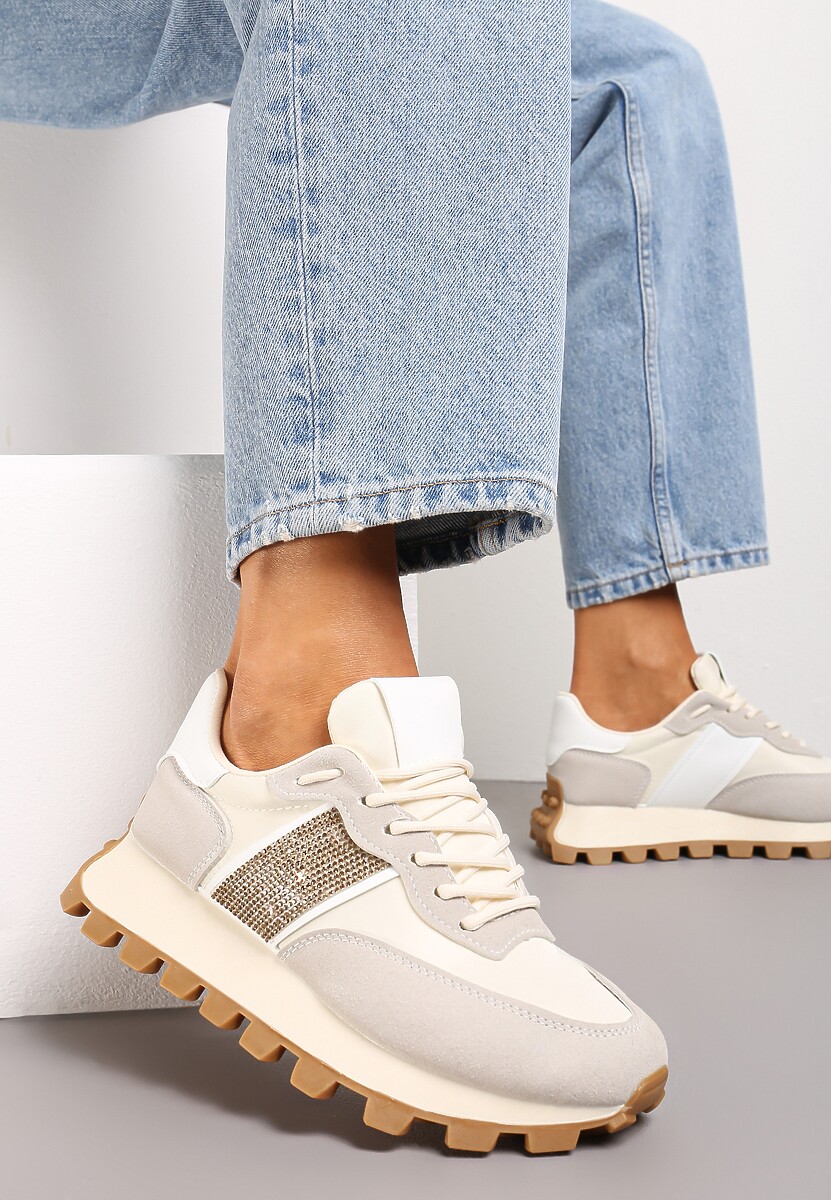 Czarno-Białe Sneakersy z Szerokim Protektorem i Brokatową Naszywką Thesalia