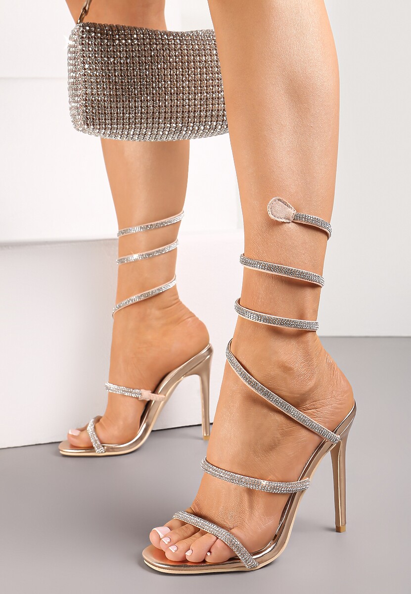 Czarne Wsuwane Sandały na Szpilce z Paskami Wokół Kostki z Cyrkoniami Jallisa