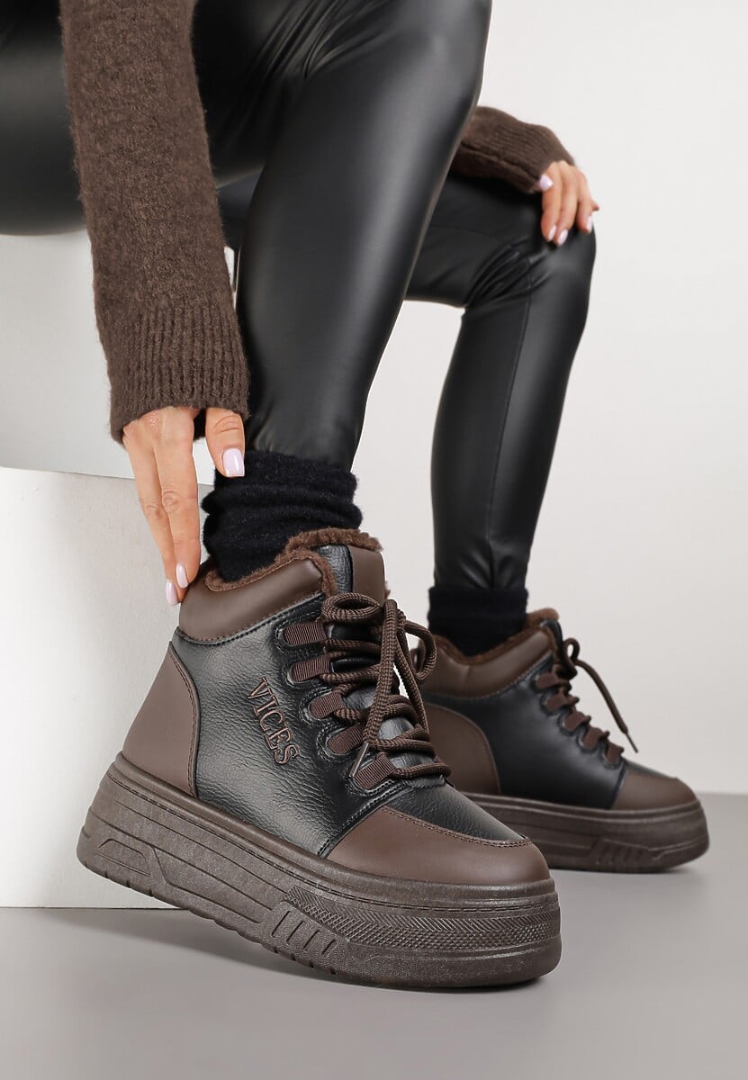 Czarno-Brązowe Sneakersy Śniegowce Vices na Tłoczonej Platformie z Napisem Olinnea