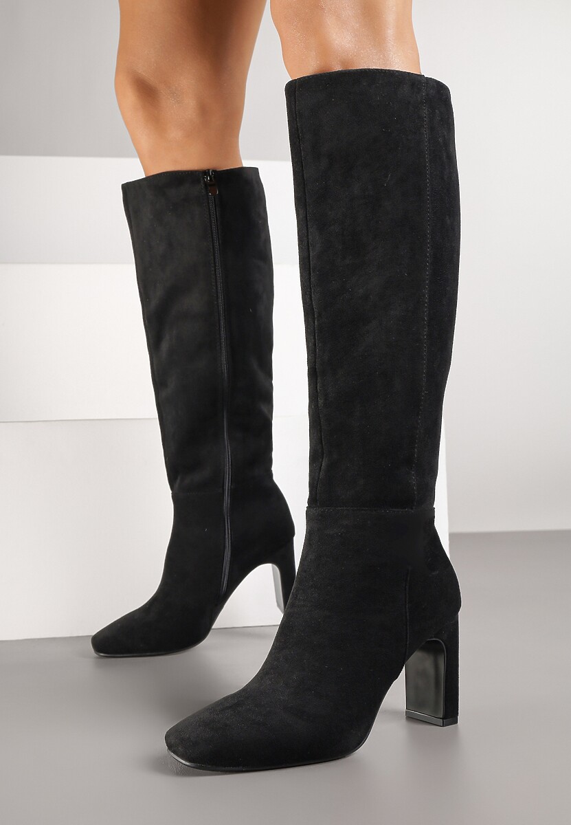 Czarne Klasyczne Kozaki z Imitacji Zamszu na Słupkowym Obcasie Miosa