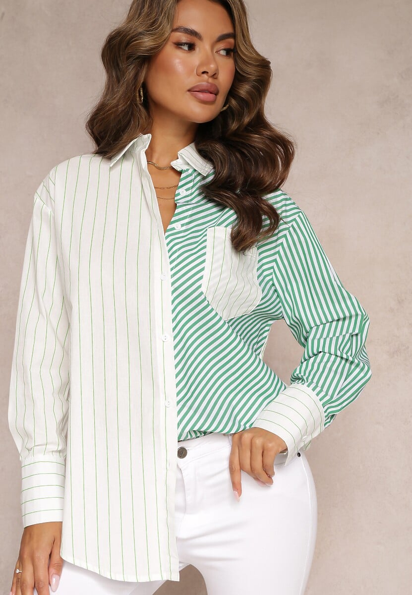 Zielono-Biała Koszula Oversize w Paski Issele