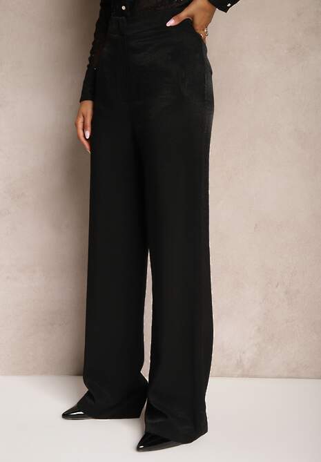 Czarne Eleganckie Spodnie z Wiskozy o Szerokich Nogawkach Tiamase