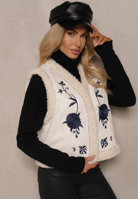 Beżowa Kamizelka z Futerkiem i Haftem w Kwiaty Miathina