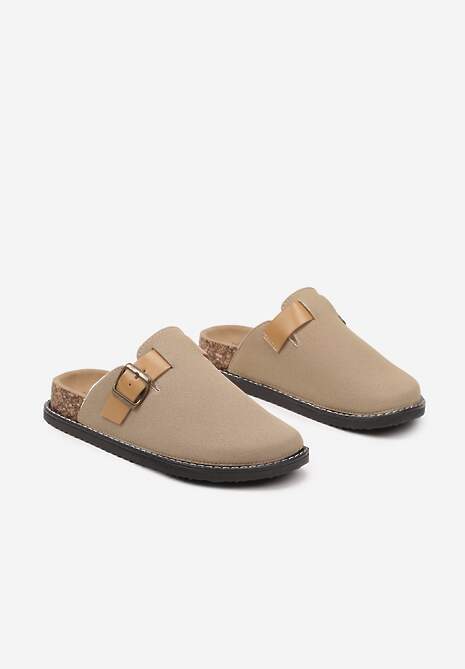 Ciemnobeżowe Klapki Typu Chodaki z Paskiem ze Sprzączką Aleritea