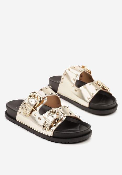 Złote Klapki z Ozdobnymi Paskami ze Sprzączkami i Nitami Aveloiti