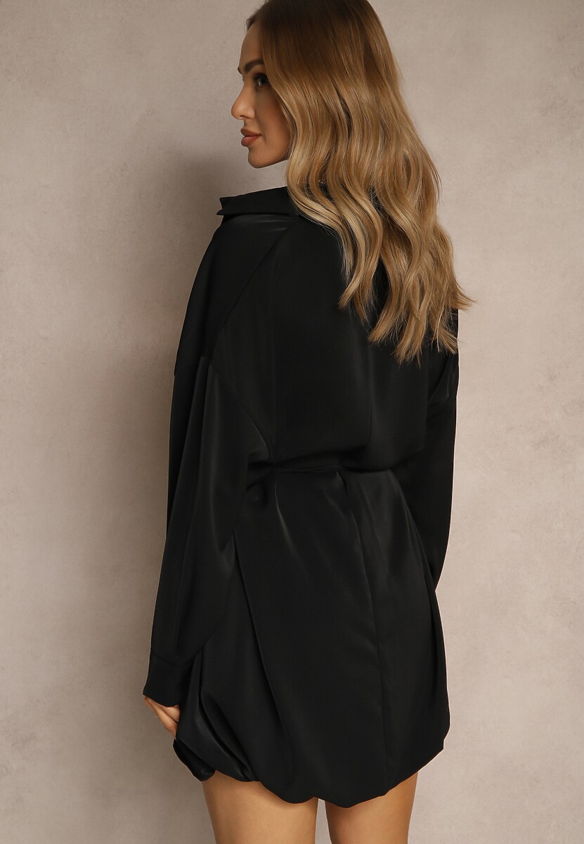 Czarna Sukienka Koszulowa o Fasonie Balloon z Wiązaniem w Talii Vorema