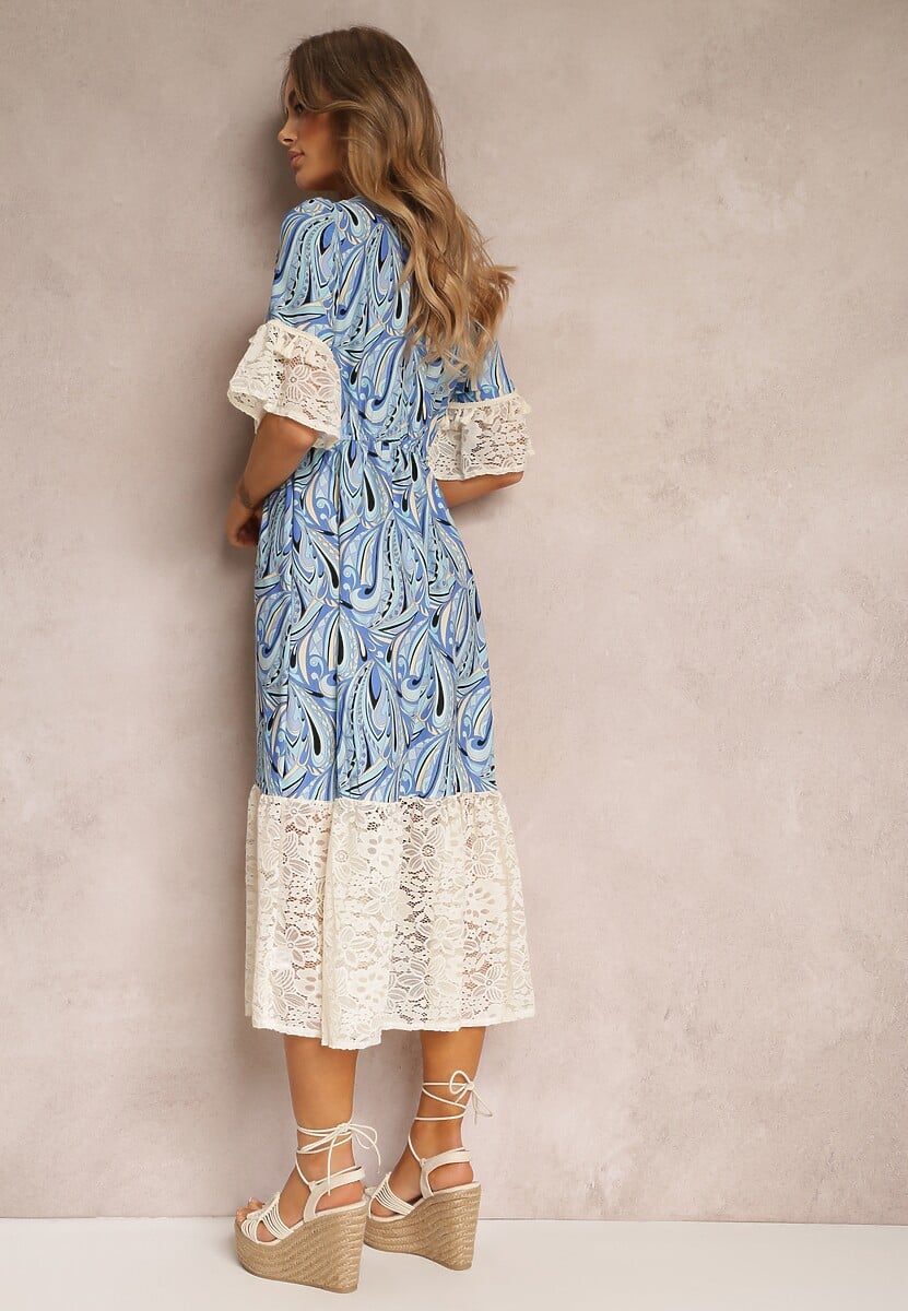 Niebieska Sukienka Maxi z Gumką w Pasie i Koronkowymi Wstawkami Tretine