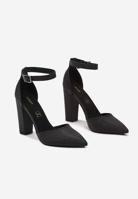 Czarne Czółenka Vices na Słupku Ozdobione Brokatem z Paskiem Wokół Kostki Izalithea