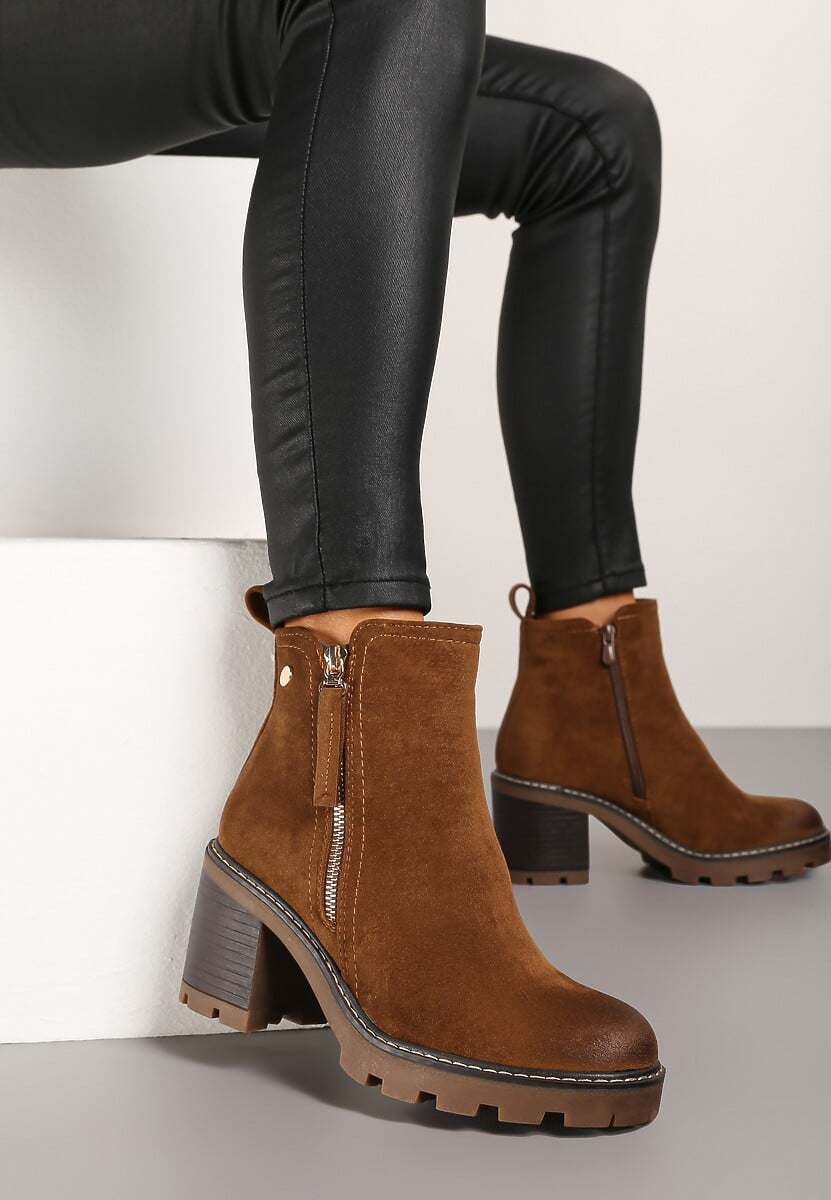 Brązowe Botki na Słupku Boho z Suwakiem Kodra