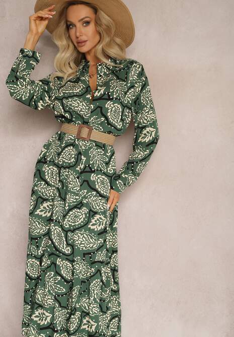 Ciemnozielona Sukienka Koszulowa w Kwiaty Kolni