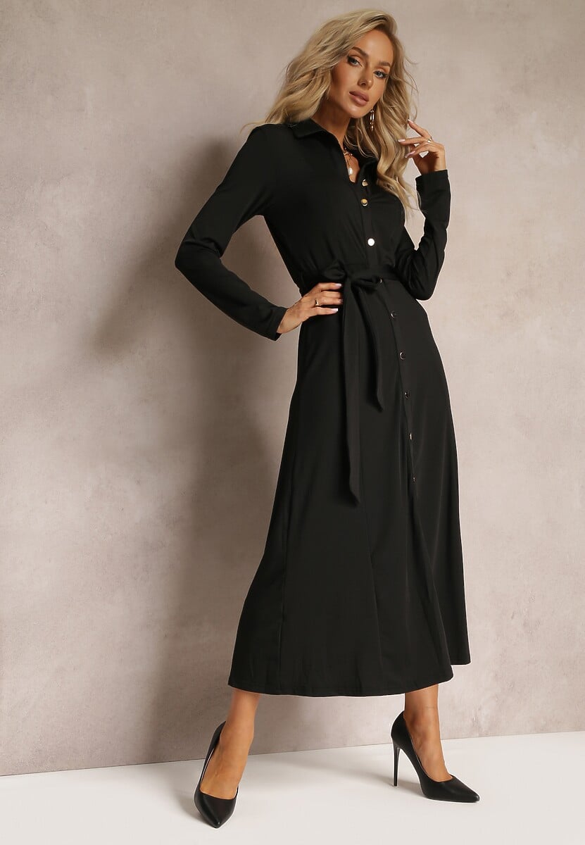 Czarna Długa Sukienka Koszulowa z Wiązaniem w Talii Levae
