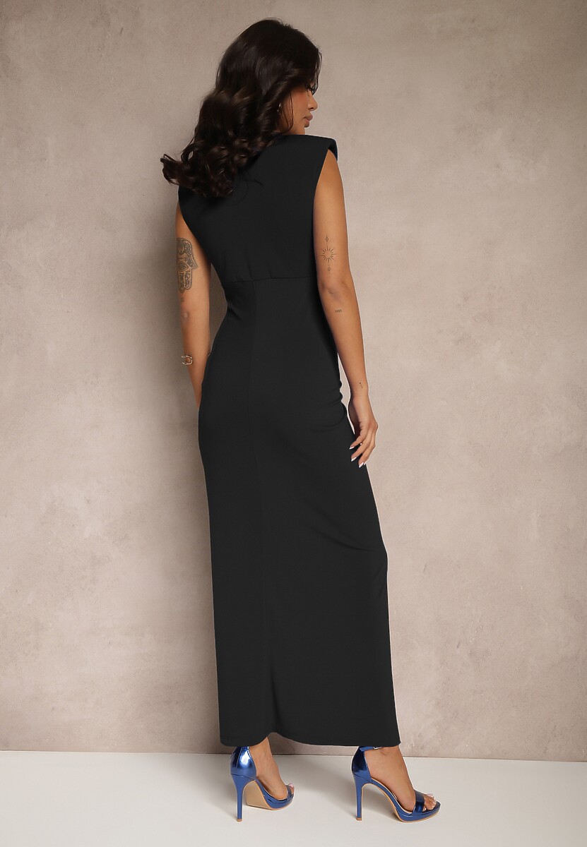 Czarna Koktajlowa Sukienka Kopertowa Ozdobiona Guzikami i Marszczeniem Tdivaya