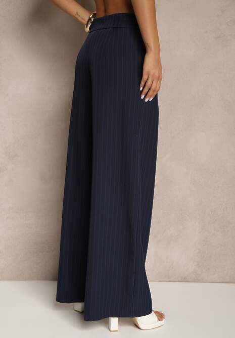 Granatowe Szerokie Spodnie Garniturowe z Wiskozą Ozdobione Paskiem Ellilara