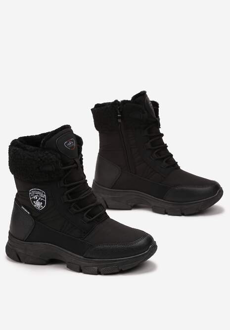 Czarne Ocieplane Śniegowce z Ozdobnym Kożuszkiem Arianea