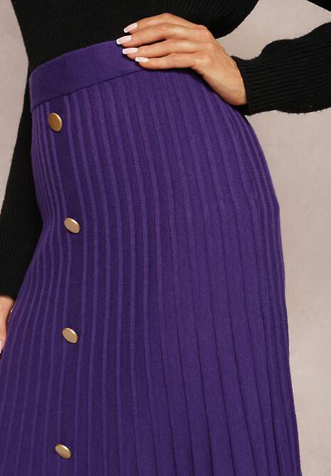 Fioletowa Rozkloszowana Spódnica Midi z Szerokimi Prążkami i Ozdobnymi Guzikami Sussurro