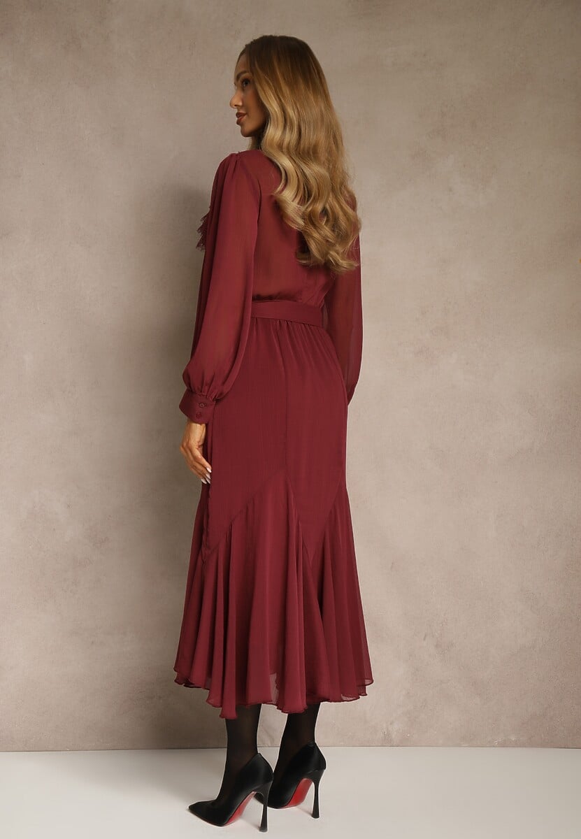 Bordowa Romantyczna Sukienka z Bufiastymi Rękawami i Falbanką z Koronki Sewmira