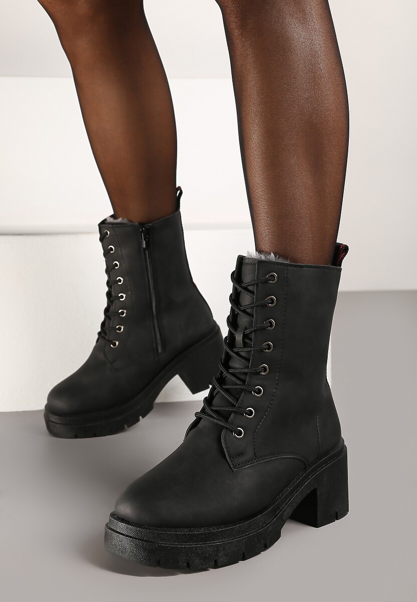 Czarne Botki Sztyblety za Kostkę na Platformie z Elastyczną Wstawką Adelaine