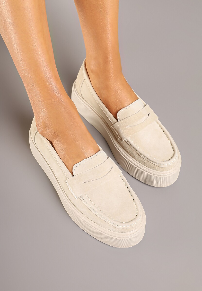 Beżowe Mokasyny Skórzane na Platformie w Stylu Półbutów Sadawene