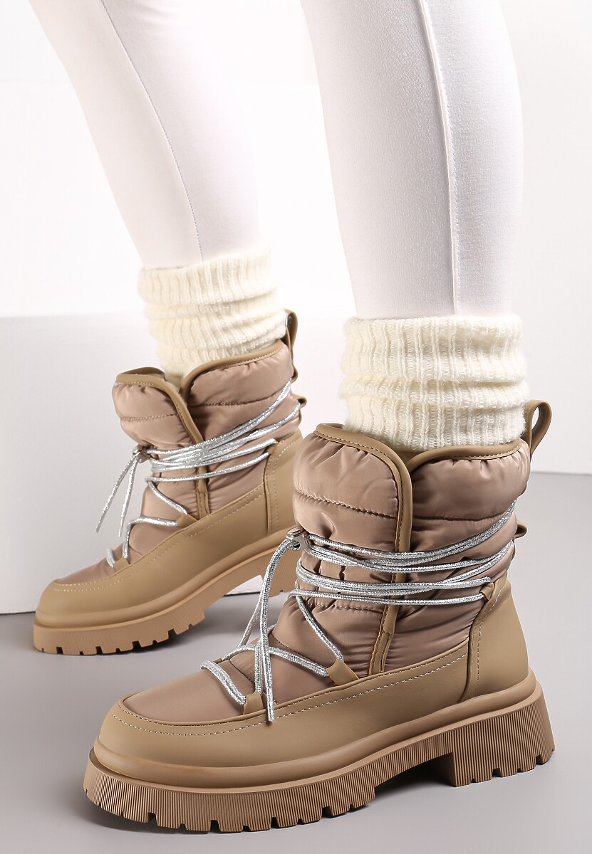 Ciemnobeżowe Pikowane Ocieplane Śniegowce na Grubej Podeszwie z Ozdobnym Wiązaniem Klimorsi