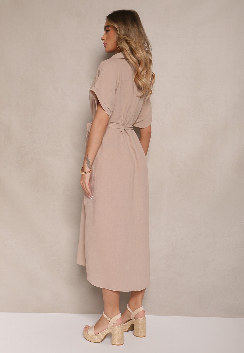 Ciemnobeżowa Wiskozowa Sukienka Koszulowa z Wiązanym Paskiem w Talii Vanisti
