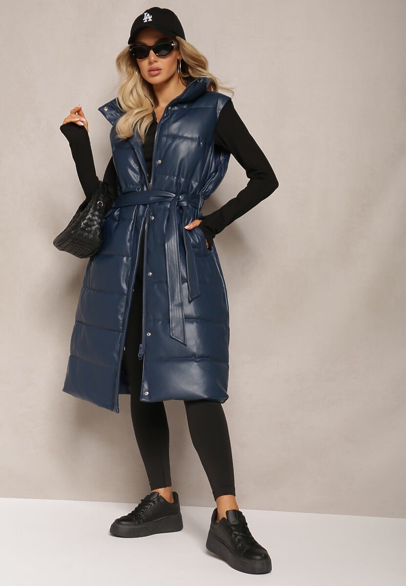 Jasnofioletowa Pikowana Kamizelka z Ekoskóry o Długim Fasonie z Paskiem Atirit