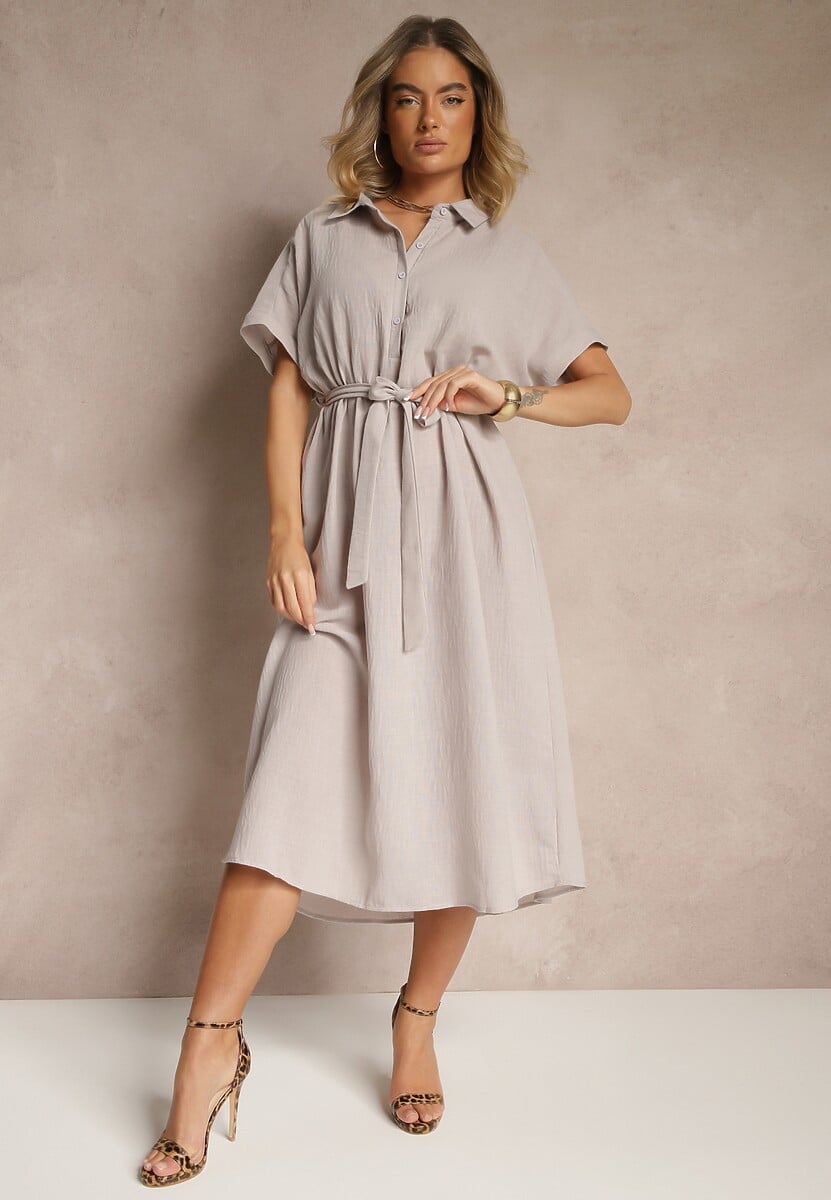 Ciemnobeżowa Wiskozowa Sukienka Koszulowa z Wiązanym Paskiem w Talii Vanisti