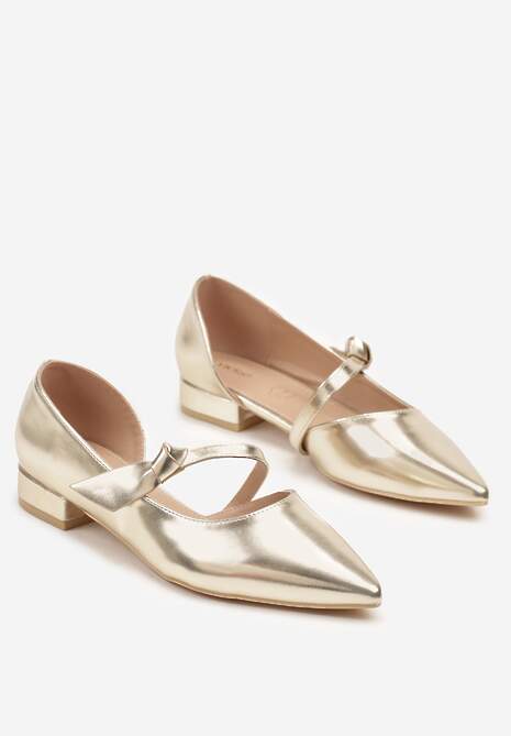 Złote Czółenka Vices na Płaskiej Podeszwie ze Skórzaną Wkładką z Supełkiem Liliarine