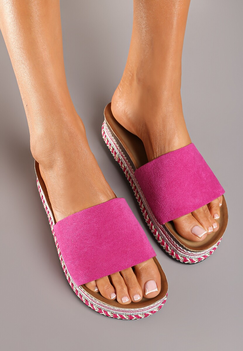 Fuksjowe Klapki na Grubej Podeszwie z Wkładką z Ekoskóry Ozdobione Metaliczną Nicią Manessi