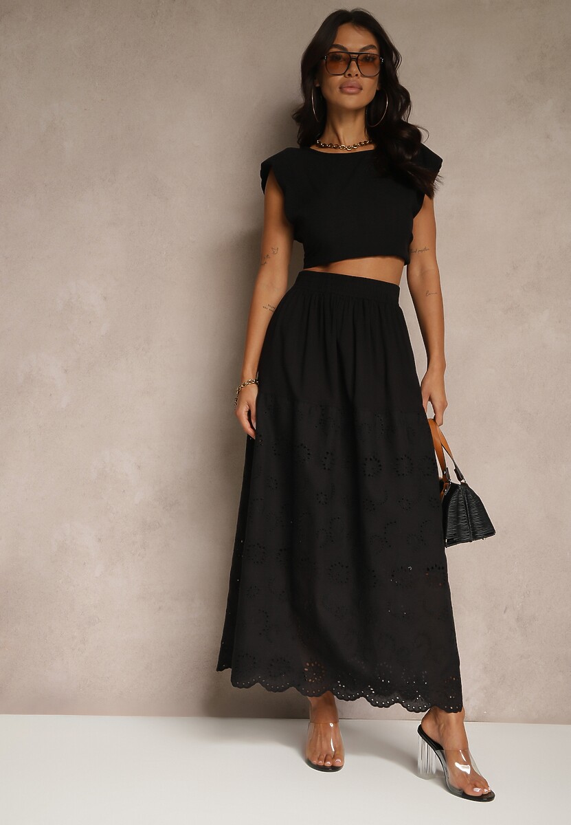 Czarna Ażurowa Rozkloszowana Spódnica z Bawełny Kolittra