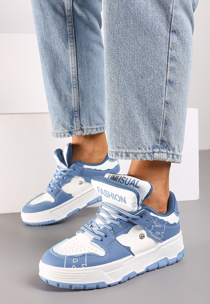 Niebieskie Sneakersy na Płaskiej Podeszwie Ozdobione Napisami Griefra