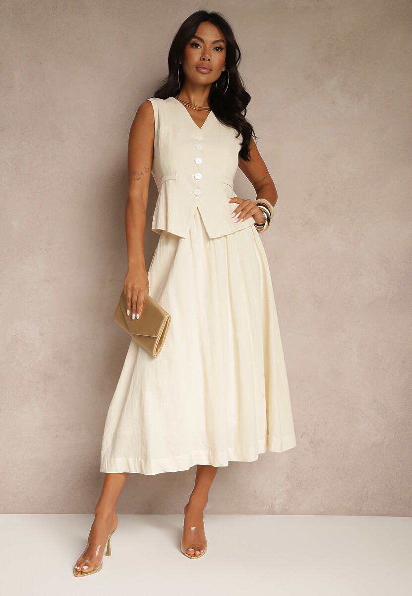 Beżowy Komplet z Bawełny Spódnica o Rozkloszowanym Kroju i Kamizelka Hallurea